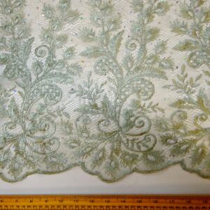 Lace Fabric With Rhinestone Sequin Double Scalloped Cornish Sage