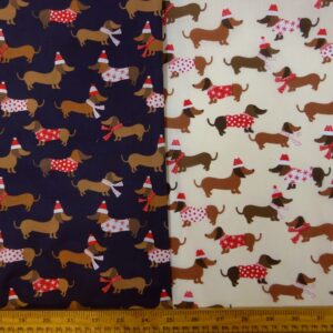 Christmas Polyester Cotton Fabric Sausage Dogs In Christmas Hats