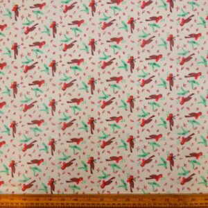 Christmas Polyester Cotton Fabric Christmas Robins Cream