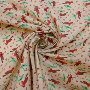 Christmas Polyester Cotton Fabric Christmas Robins Cream