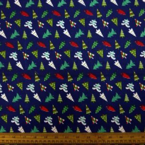 Christmas Polyester Cotton Fabric Christmas Trees Navy