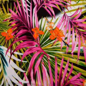 T-Shirting Fabric Floral Orchid Jungle Black Cerise Orange