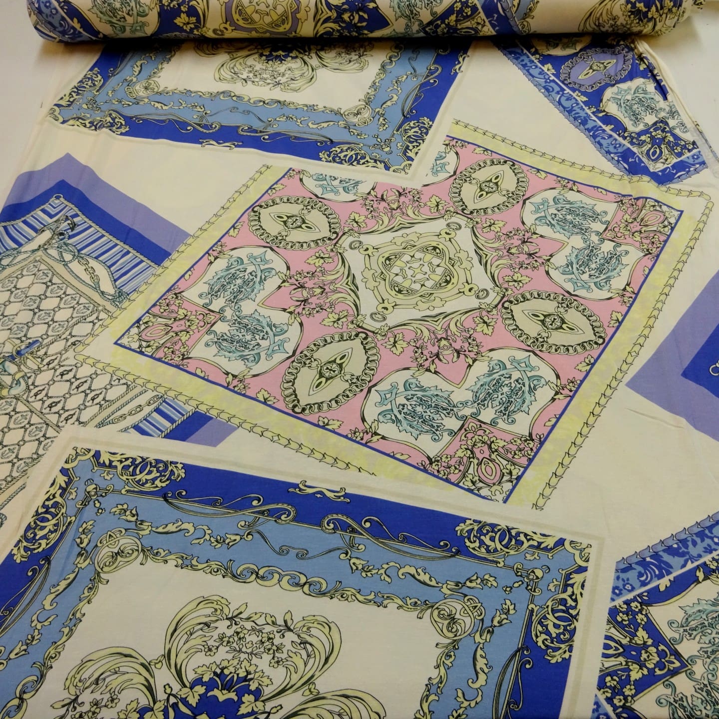 T-Shirting Fabric French Handkerchiefs Cream Pink Blue