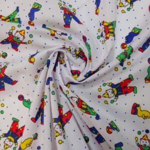 Polyester Cotton Fabric Juggling Clowns Multi White