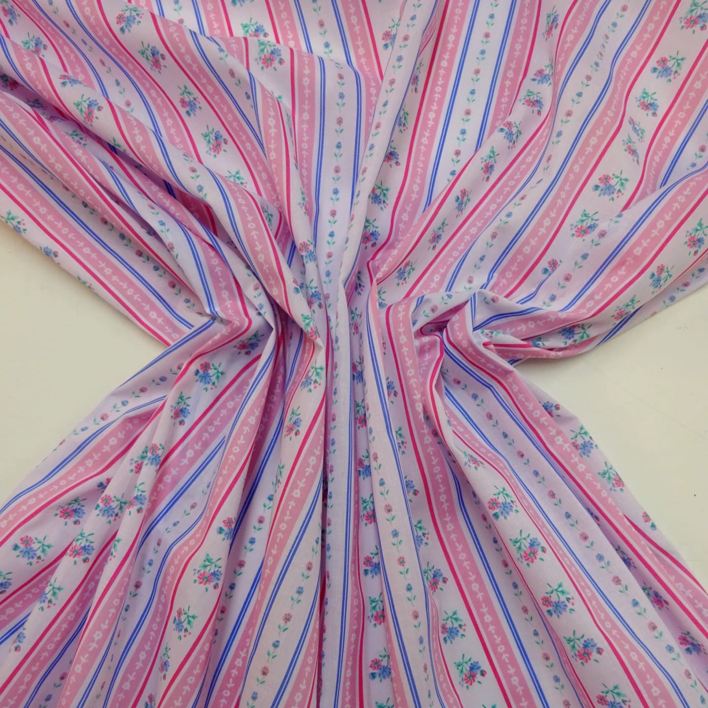 Polyester Cotton Fabric Floral Regency Stripe Pink