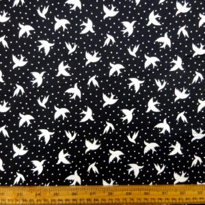 Cotton Fabric House Martins Bird Print Black