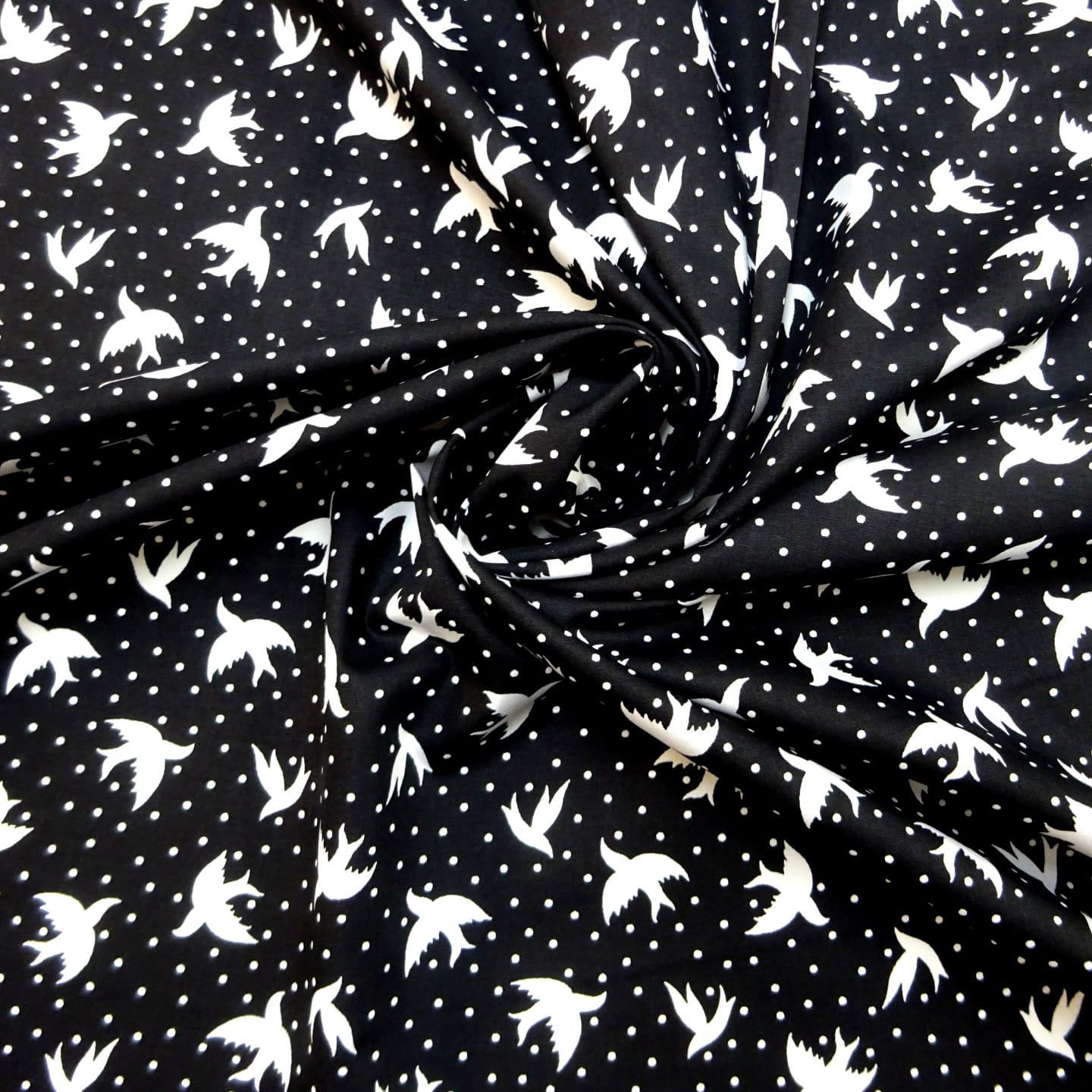 Cotton Fabric House Martins Bird Print Black