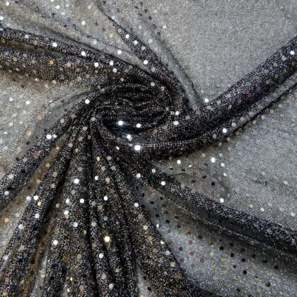 Sequin Fabric Lurex Jersey Spotty Dotty Black With Silver Dots