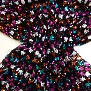 Sequin Fabric On Net Funky Squares Copper Turquoise Cerise