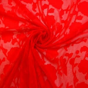 Georgette Fabric Flocked Embroidered Water Rose Coral Red