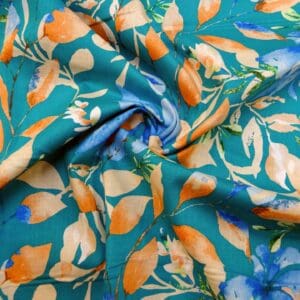 Suiting Fabric Natural Linen Floral Figi Forest Jade/Peach
