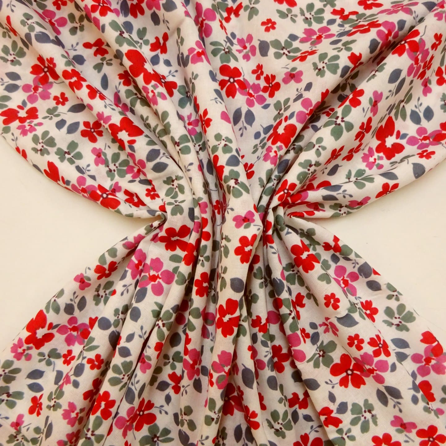 Suiting Fabric Natural Linen Forget Me Knots Cream Teal Cerise