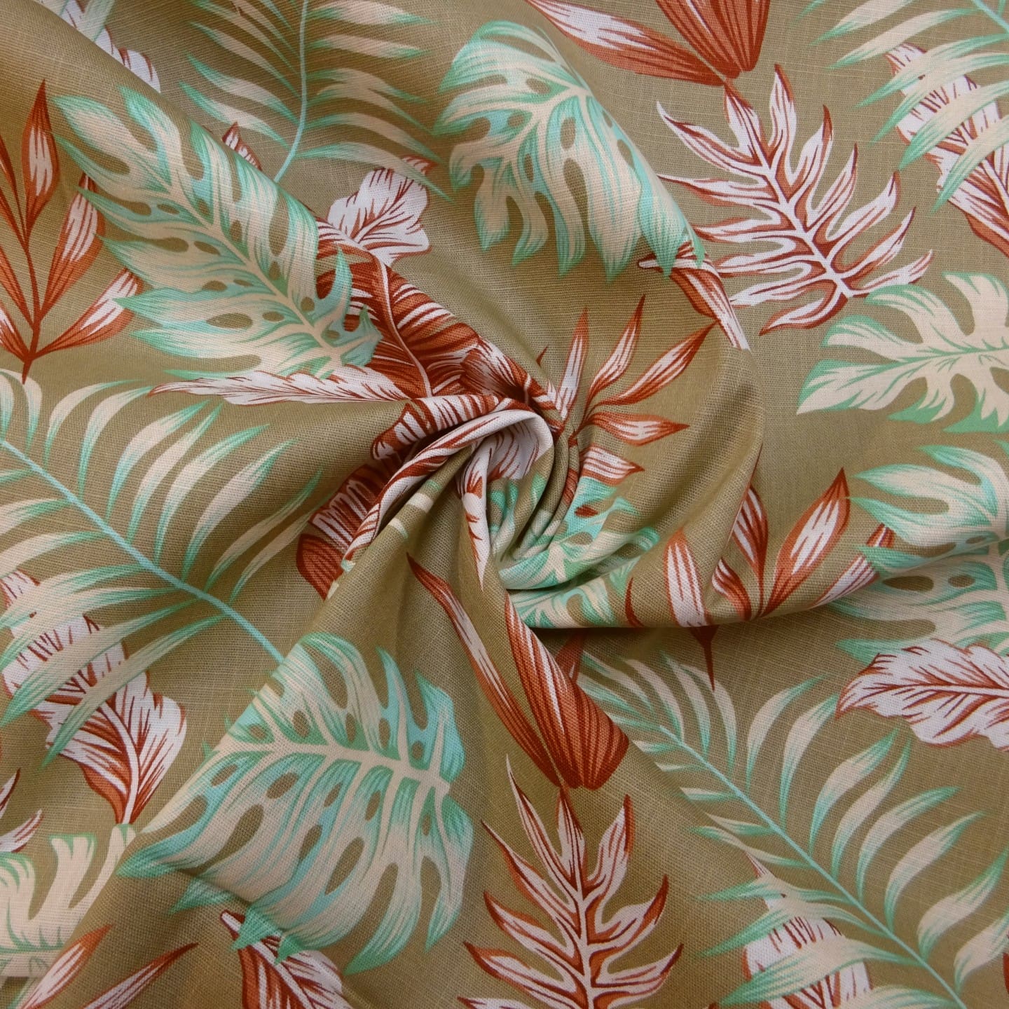 Suiting Fabric Natural Linen Floral Cheese Plant Fern Sage/Rust