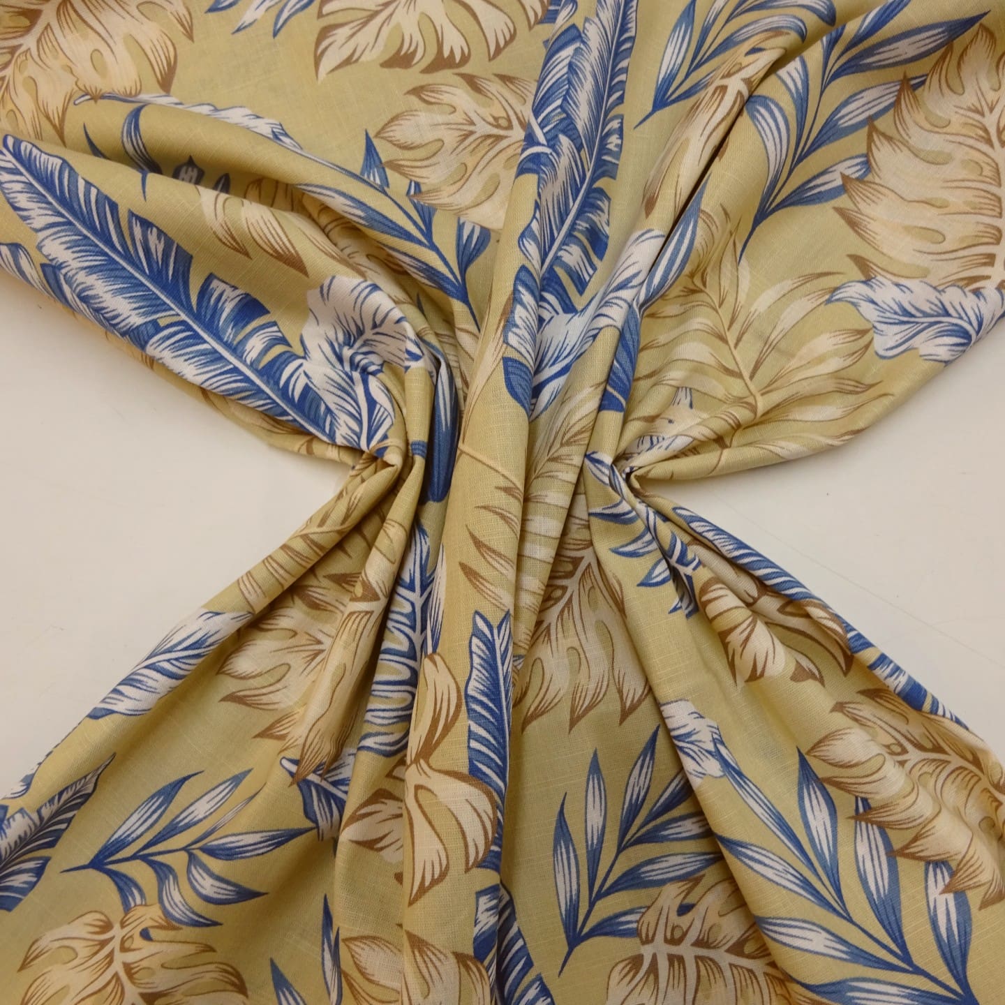 Suiting Fabric Natural Linen Floral Cheese Plant Fern Beige/Denim