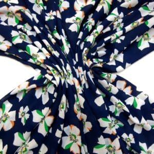 Georgette Fabric Floral Black Flower Stamps Navy/White