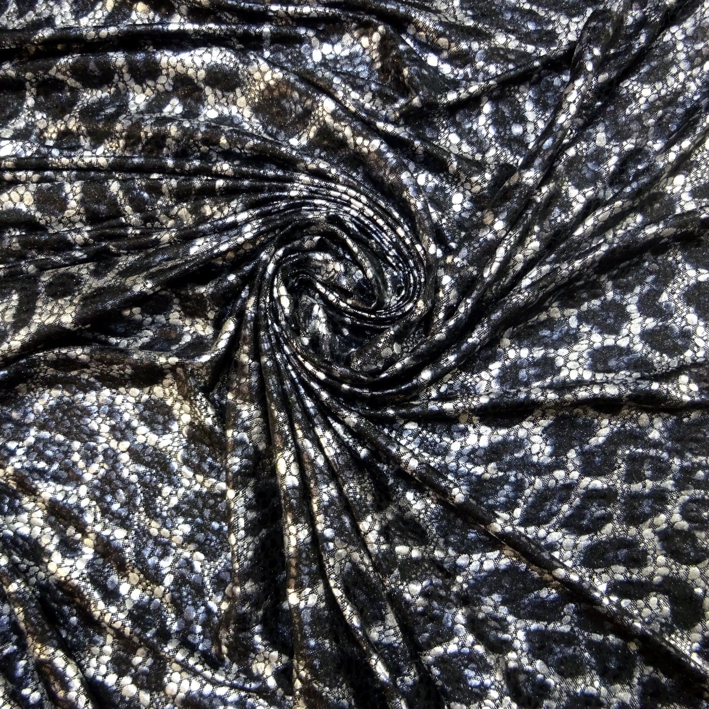 Jersey Fabric Foil Print Leopard Lace Black Silver