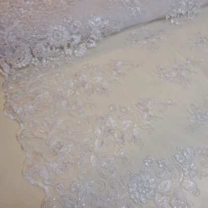 Lace Fabric Bridal Scalloped Sequinned Daphne White