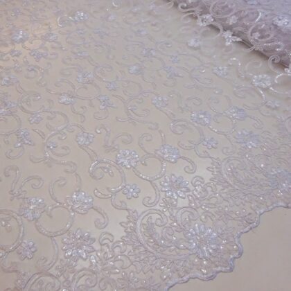 Lace Fabric Bridal Scalloped Sequinned Francesca White