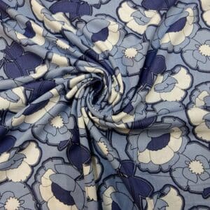 Suiting Fabric Linen Mix Floral Kews Blooms Denim Blue