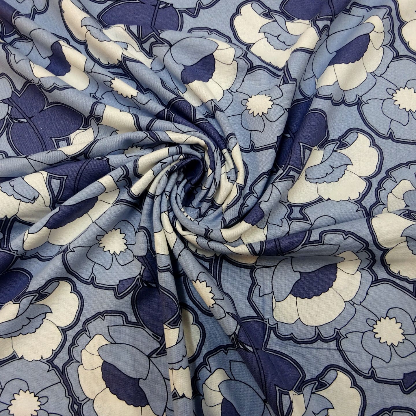 Suiting Fabric Linen Mix Floral Kews Blooms Denim Blue