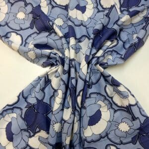 Suiting Fabric Linen Mix Floral Kews Blooms Denim Blue