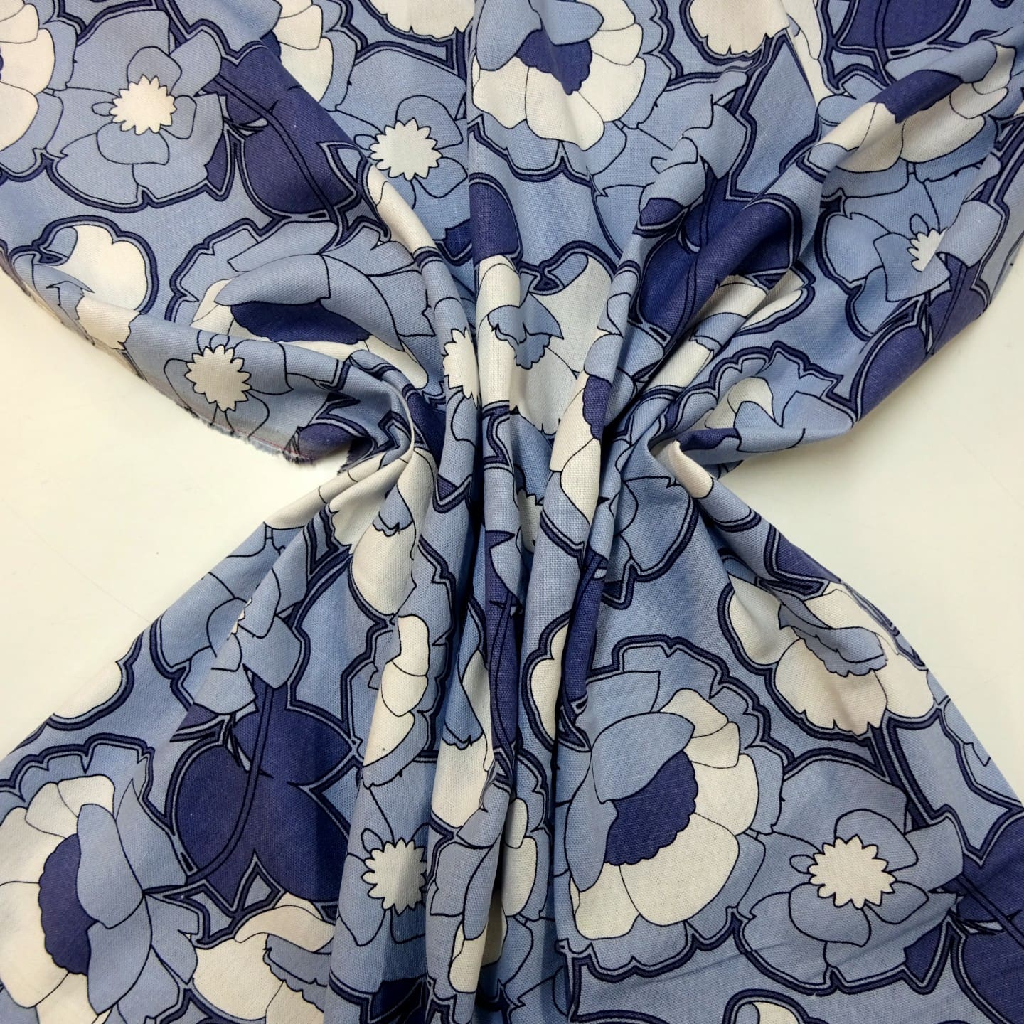 Suiting Fabric Linen Mix Floral Kews Blooms Denim Blue