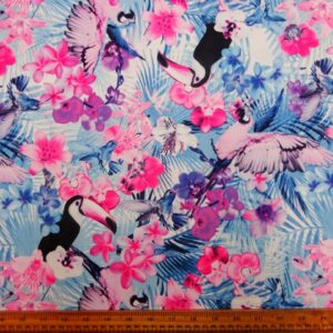 Polyester Woven Fabric Thick Paradise Toucans Blue Pink