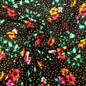 T-Shirting Fabric Floral Snow Storm Sally Black Orange Pink