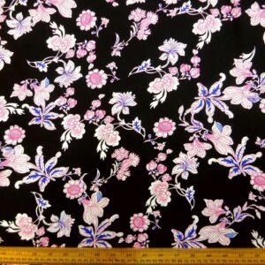Viscose Fabric Floral Night Lillies Black White Cerise