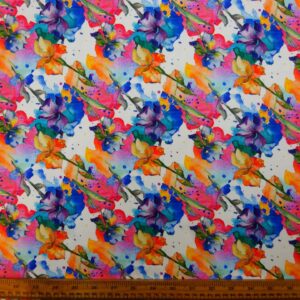 Viscose Fabric Floral Iris Watercolour White Multi