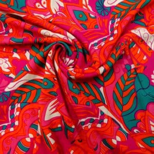 Viscose Fabric Floral Tropical Fiesta Cerise/Orange