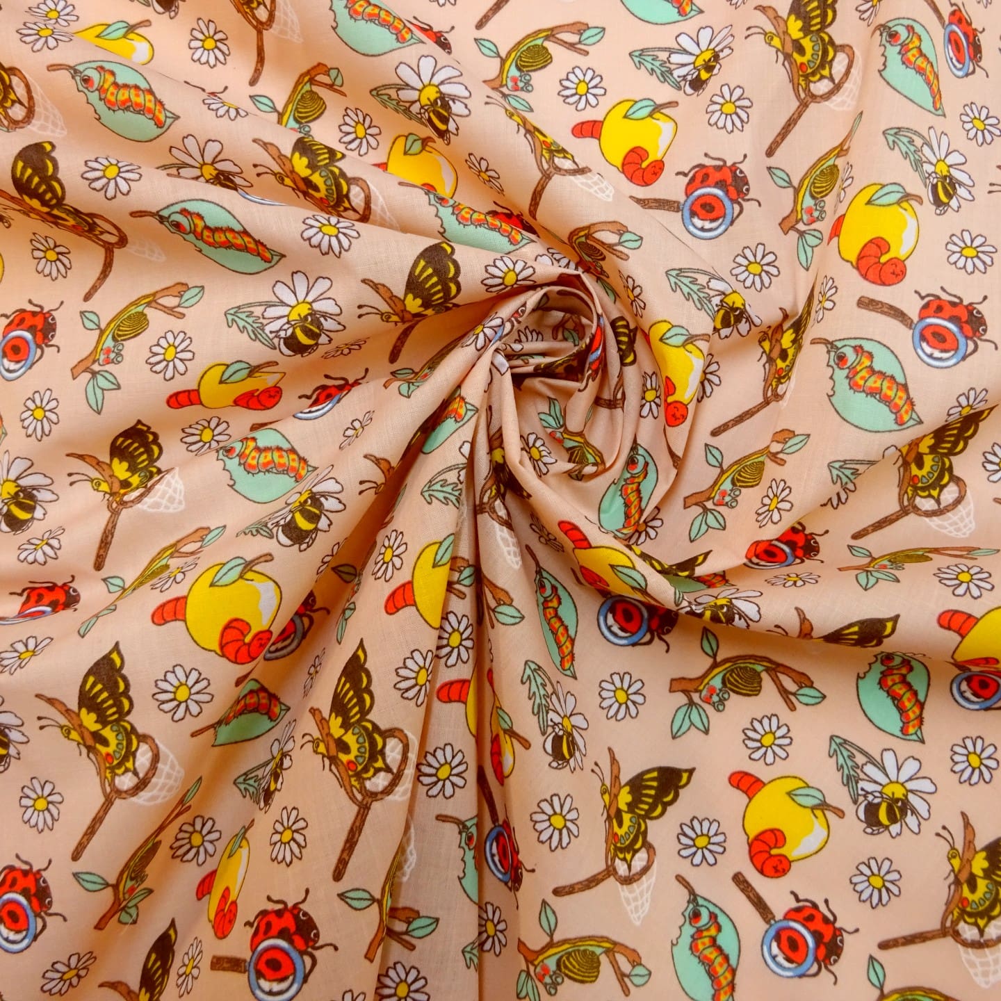 Polyester Cotton Fabric Floral Apple Butterflies Pink