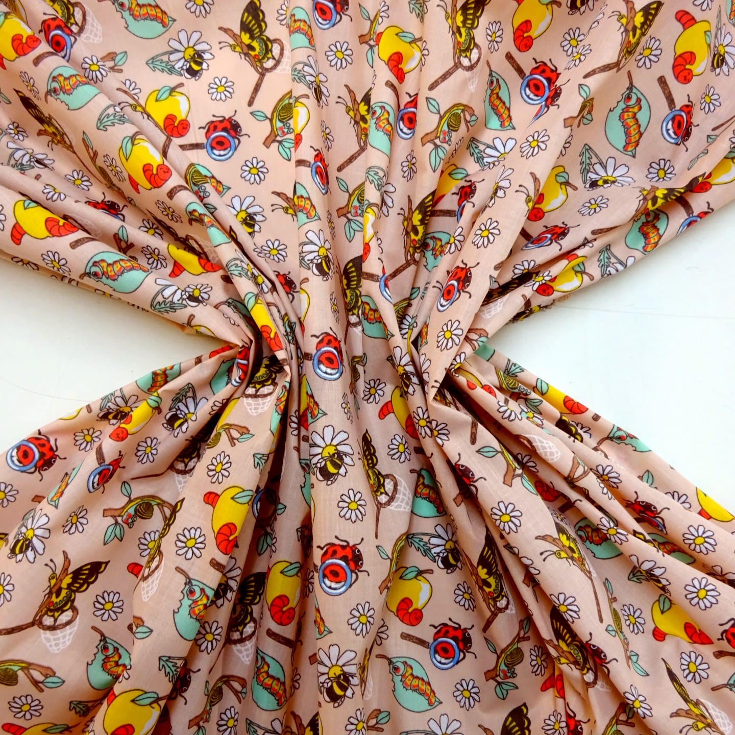 Polyester Cotton Fabric Floral Apple Butterflies Pink