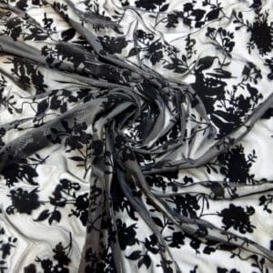 Mesh Netting Fabric Flocked Russian Blooms Black