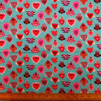 Cotton Fabric Dashwood Craft Cotton Biker Hearts Turquoise