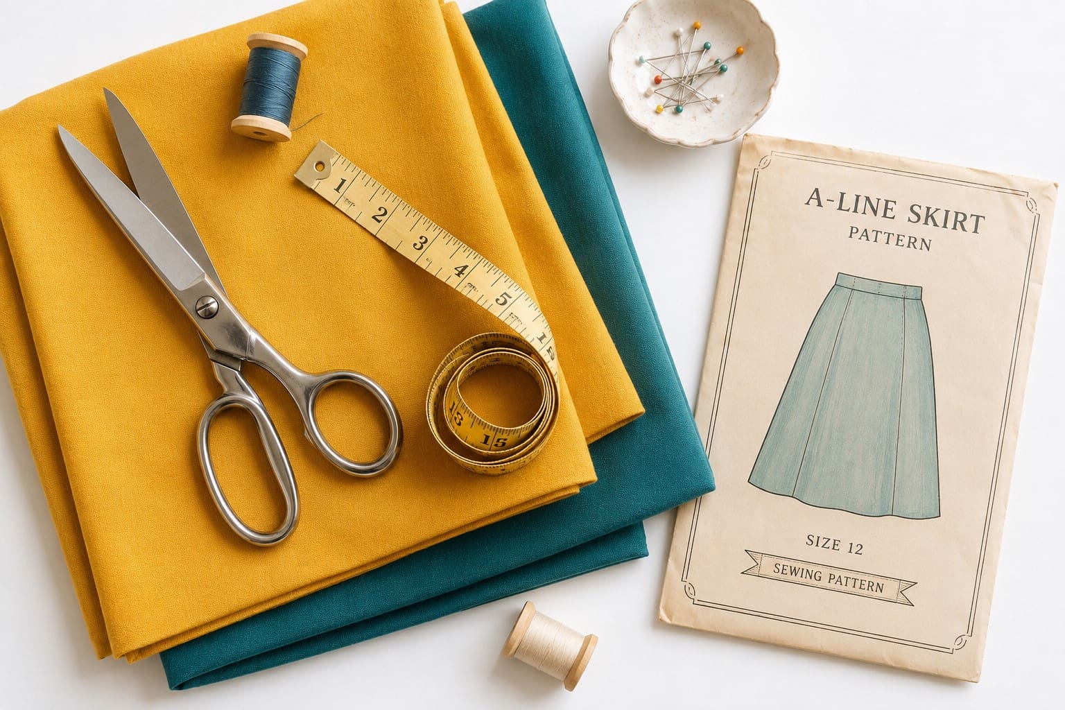 Overhead view of plain mustard yellow and teal cotton fabric with dressmaking shears, a measuring tape, thread, and a sewing pattern on a white table.