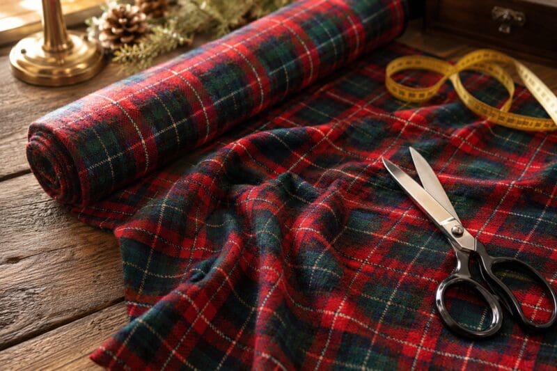 Red tartan brushed cotton fabric on a cutting table at Fabric Land