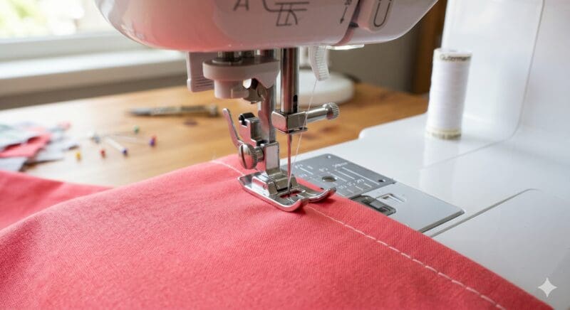 Close up of a sewing machine needle stitching a neat straight seam into vibrant coral-pink plain cotton fabric.