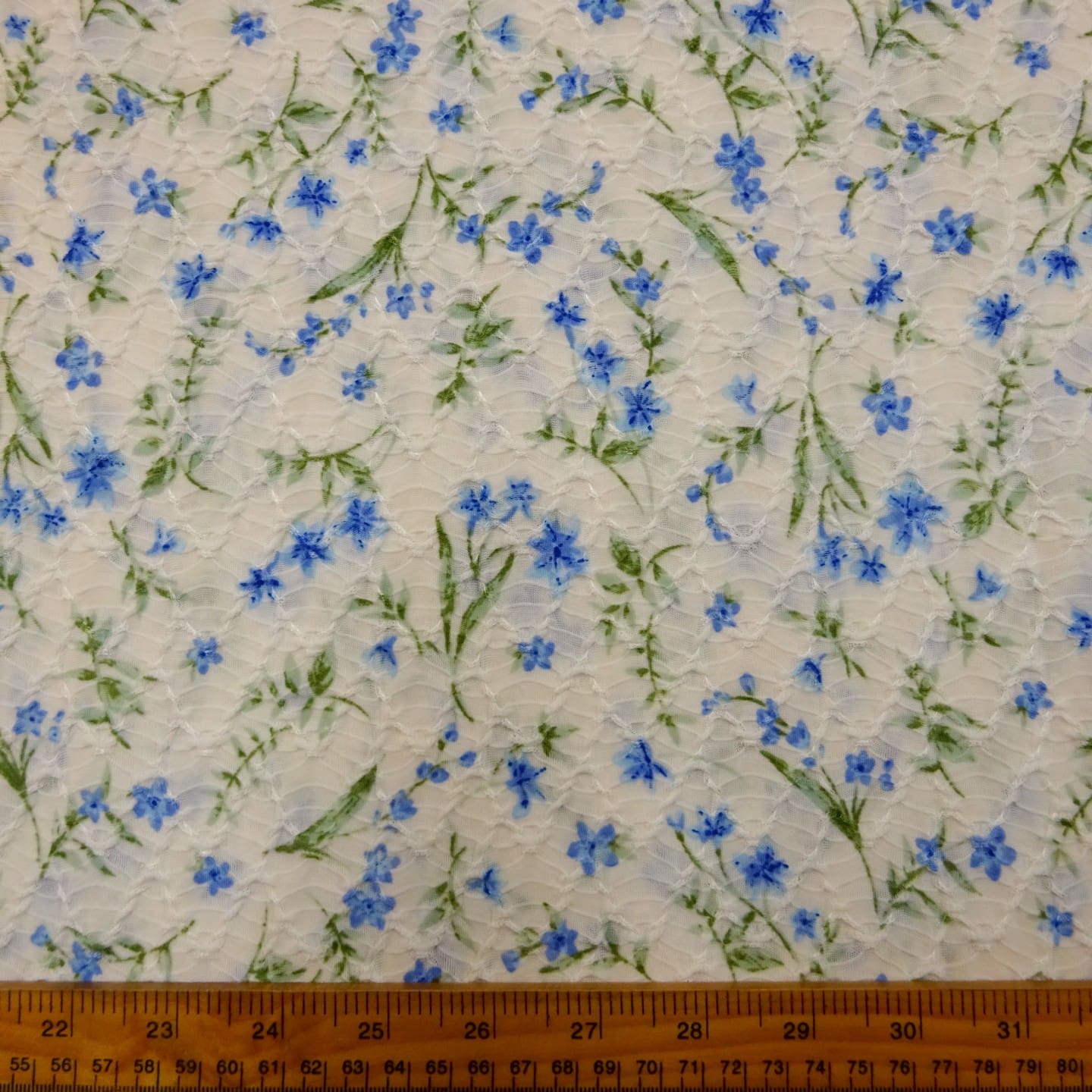Jersey Fabric Embossed Alpine Vine Flowers Ivory Blue