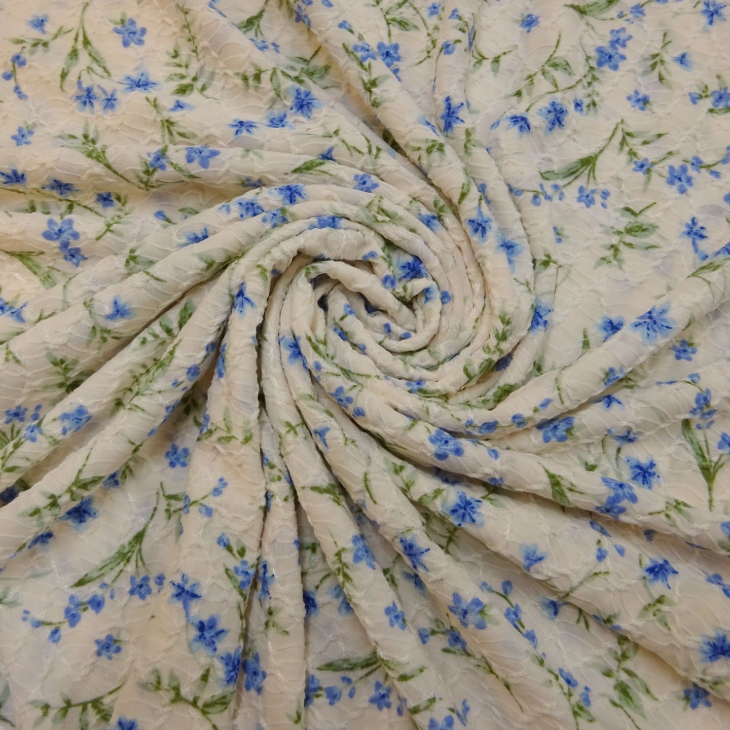 Jersey Fabric Embossed Alpine Vine Flowers Ivory Blue