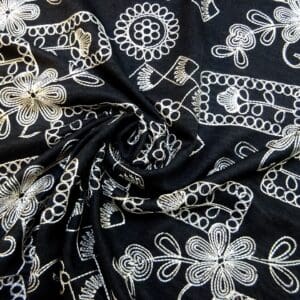 Linen Look Fabric Soft Flowing With Embroidery Black