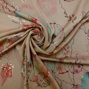 Satin Fabric Japanese Whim With Gold Outline Beige Cerise Turq