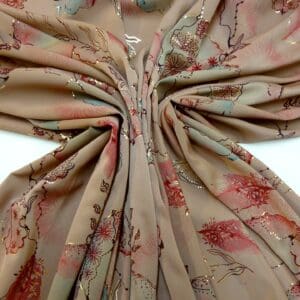 Satin Fabric Japanese Whim With Gold Outline Beige Cerise Turq