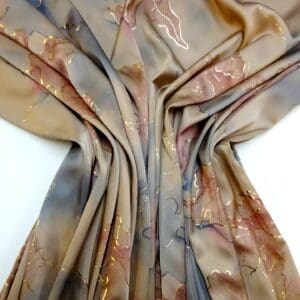 Satin Fabric Japanese Whim With Gold Outline Nude Pink Dusky Blue
