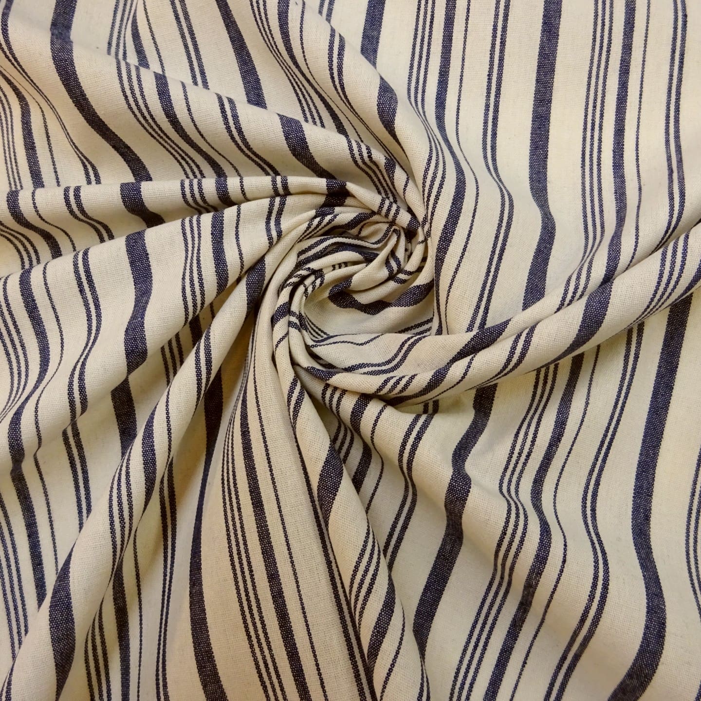 Faux Linen Fabric Dodgy Stripes Ivory/Denim