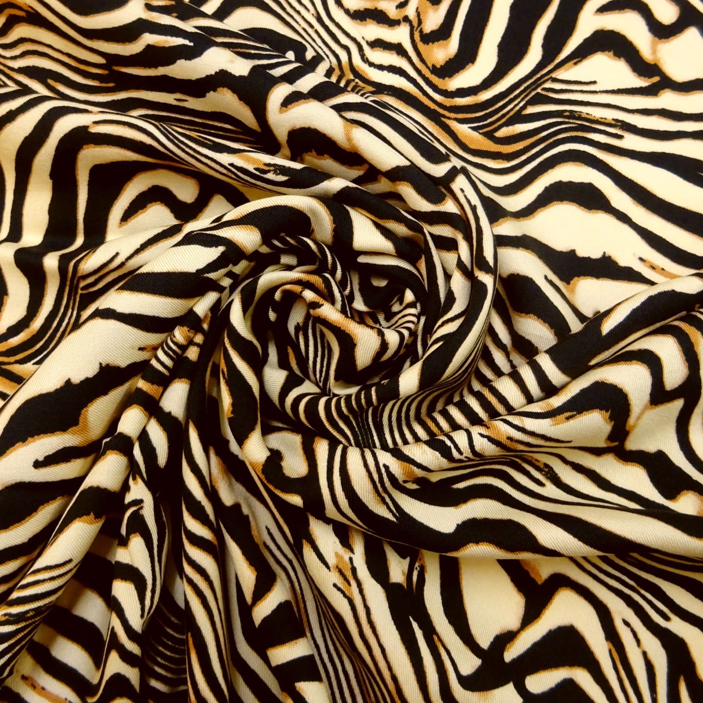 Viscose Fabric Animal Print Bamboo Caramel Zebras Black Cream