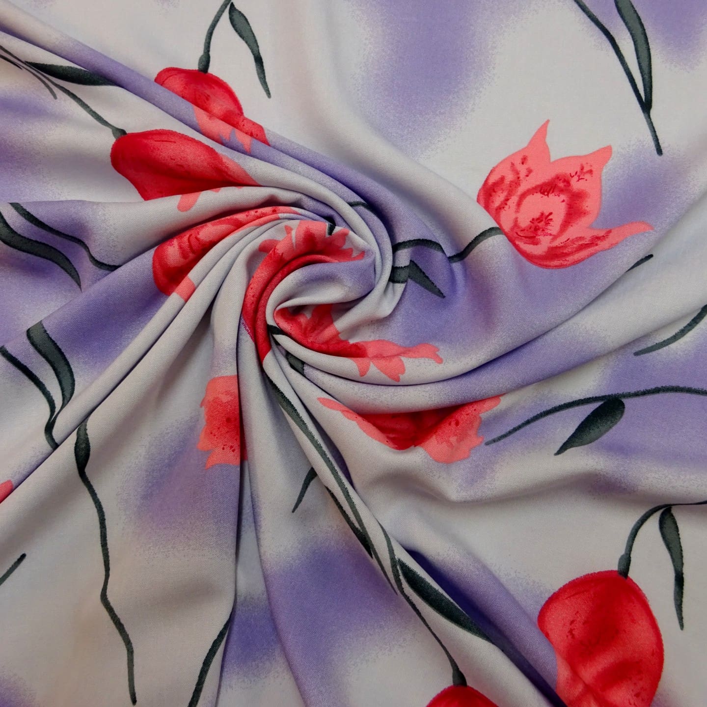Viscose Fabric Floral Twisting Tulips Lilac Pink