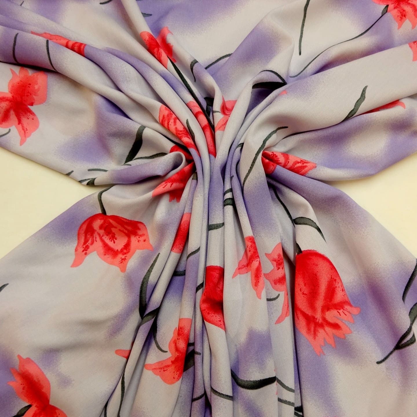 Viscose Fabric Floral Twisting Tulips Lilac Pink