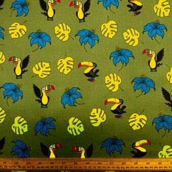 Cotton Fabric Bird Toucan Play Khaki