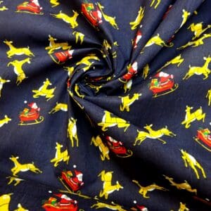 Christmas Fabric Polyester Cotton Dashing Reindeers Navy